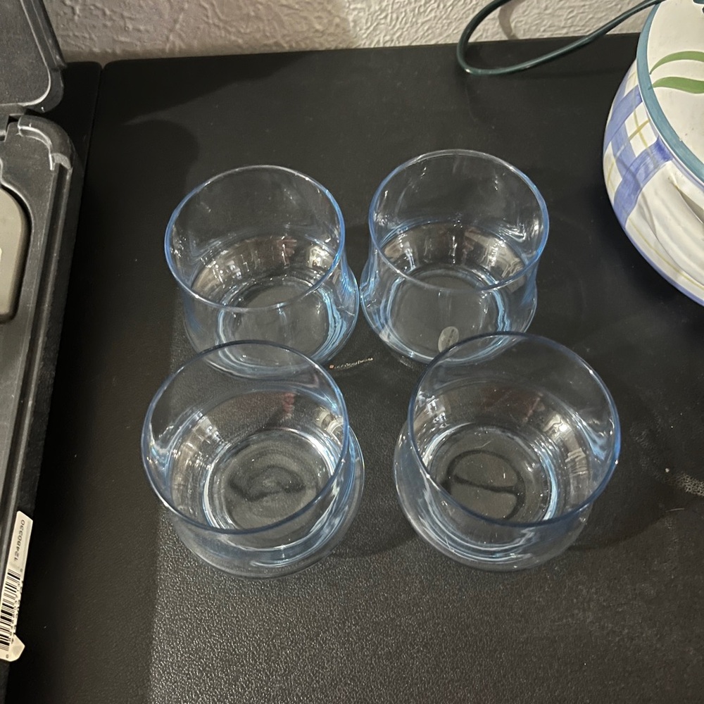 Set of 4 Light Blue Tinted Glass Tumblers Flared Base Rocks Glasses MCM Style